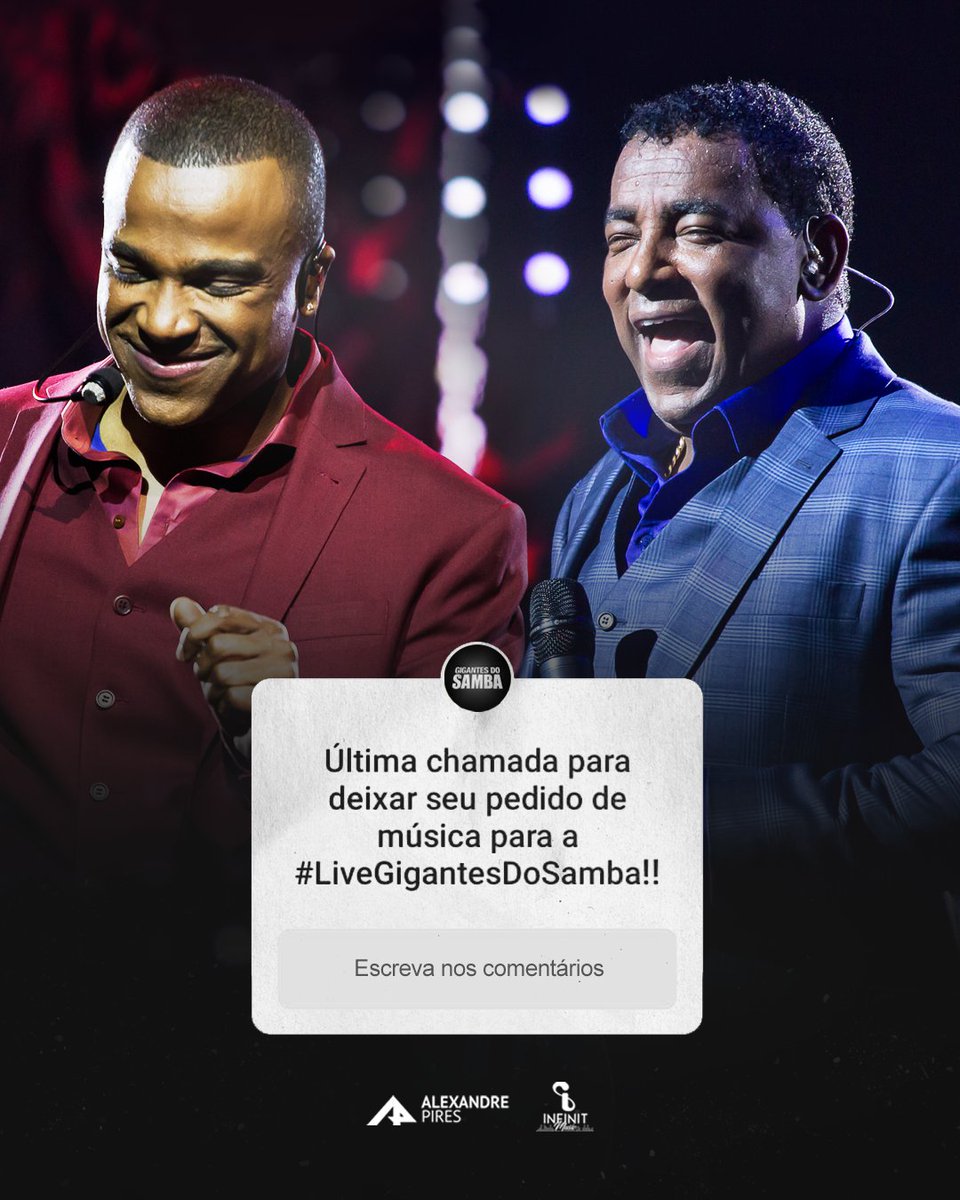E aí? A #LiveGigantesDoSamba tá chegando. Deixe seu pedido aqui!! #RaçaNegra <a href="/racanegra/">Raça Negra</a> #Alexandre Pires <a href="/alexandrepires/">Alexandre Pires</a> #Infinitmusic #CachacaCabare