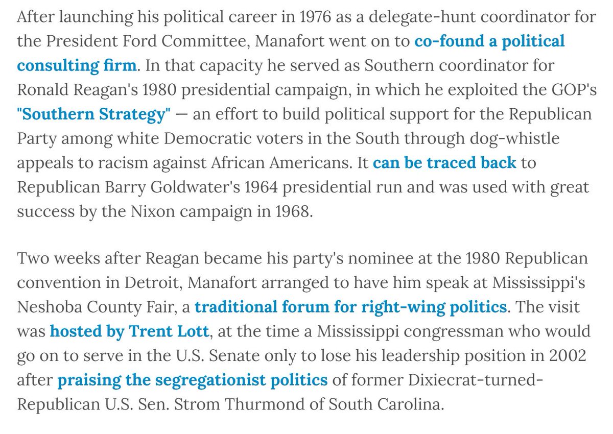 Here's Paul Manafort, who ran Reagan's southern campaign and, of course, worked for Trump before going to prison. You can read more  @facingsouth  https://www.facingsouth.org/2017/11/paul-manaforts-role-republicans-notorious-southern-strategy