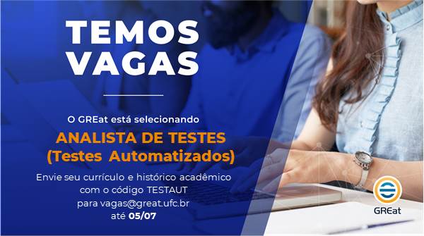 GREat_UFC's tweet image. O GREat está com vaga para Analista de Testes (Testes Automatizados)
bityli.com/8FVue
Envie currículo e histórico acadêmico com o código TESTAUT p/ vagas@great.ufc.br até 05/07
#tester #analistadetestes #testesautomatizados #testedesoftware #vagasti #vagastice #vagastifor