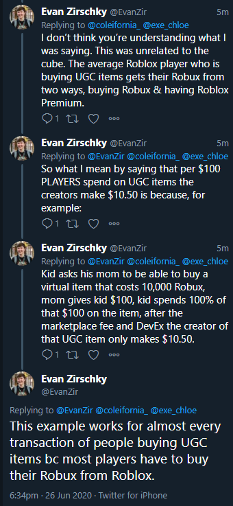 Evan Zirschky Comms Open On Twitter Roblox Sells Player 10 000 Robux Player Gives Roblox 100 Player Spends 10 000 Robux On Creators Ugc Item Roblox Takes 7000 Robux From That Transaction Creator Gets - player with most amount of robux