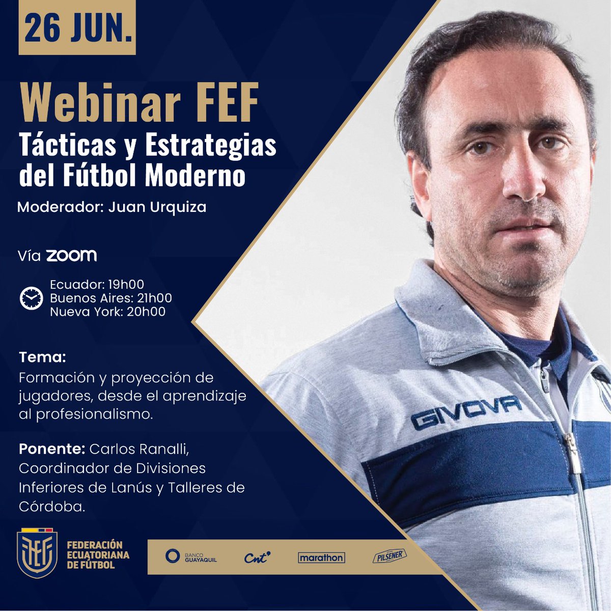 FEFecuador's tweet photo. La formación integral de jugadores, tarea esencial del desarrollo y crecimiento del fútbol. ⚽🏃🏻‍♂️

💻Sexta #MasterClassFEF:  
DT Carlos Ranalli

¡Una conferencia que no te puedes perder! 

🗓Viernes 26 | 19H00 

📲Inscripciones: https://t.co/pAj8kXL9sQ https://t.co/dn53x6PofA
