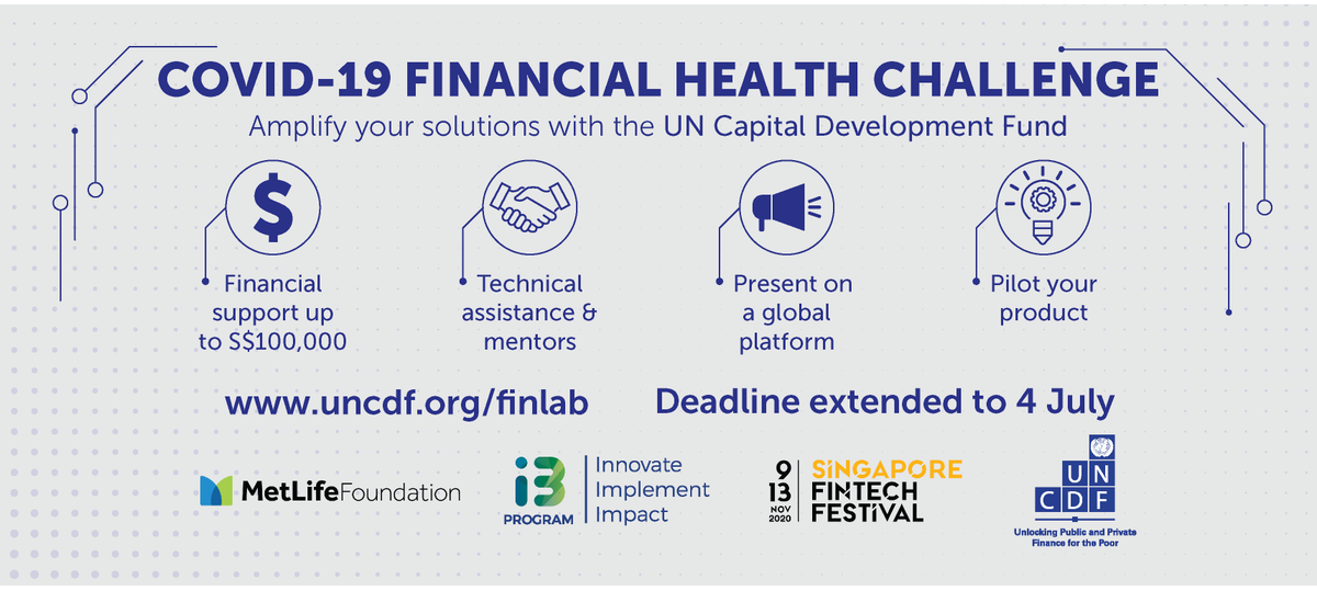 i3_program's tweet photo. Great News🌟: due to popular demand from the COVID-19 #FinHealthChallenge participants, we have decided to extend the deadline ⏰ to 4 July. We hope the extension helps you to submit your application on time. 
🔗 https://t.co/Jy3iO45ste

@UNCDF @MAS_sg @MetLife @sgfintechfest https://t.co/CmNMz78Ycv