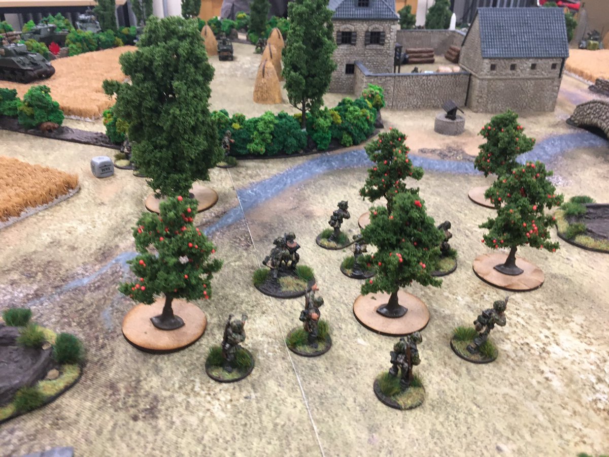 With No.2 Zug suppressed by US artillery, No. 3 Zug takes over the counter-attack, pushing forward through the orchard. Whilst armed with numerous Pzfasusts, they remain very wary of the remaining US armour to their west.