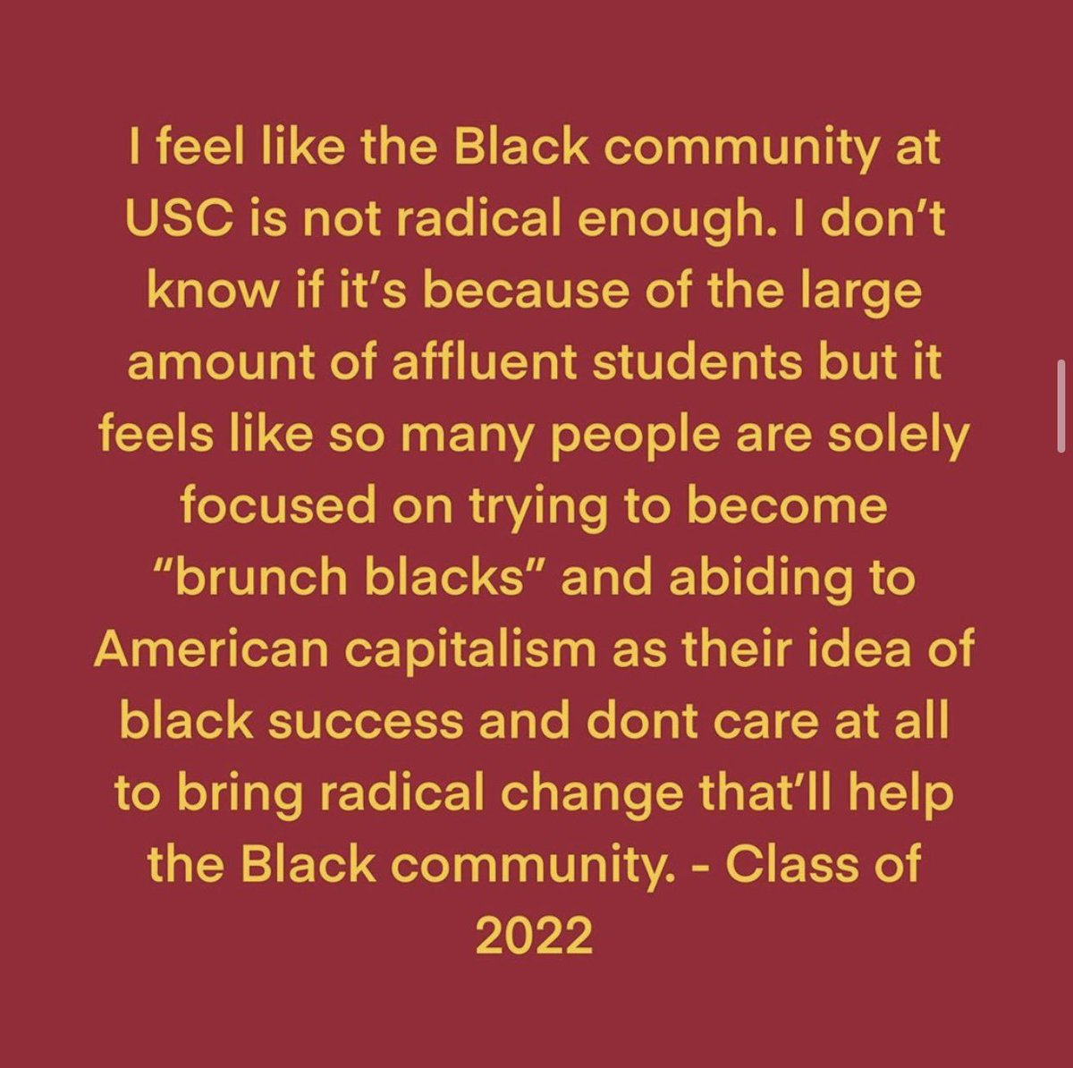 PLS RT: THREAD ON BEING BLACK AT USC! i’m gonna start from the ig page @/black_at_usc but i also want to ask that black USC students, professors, alumnae, faculty, or staff who feel comfortable share in my DMs some of their experiences at USC! i can repost anonymously (or not)