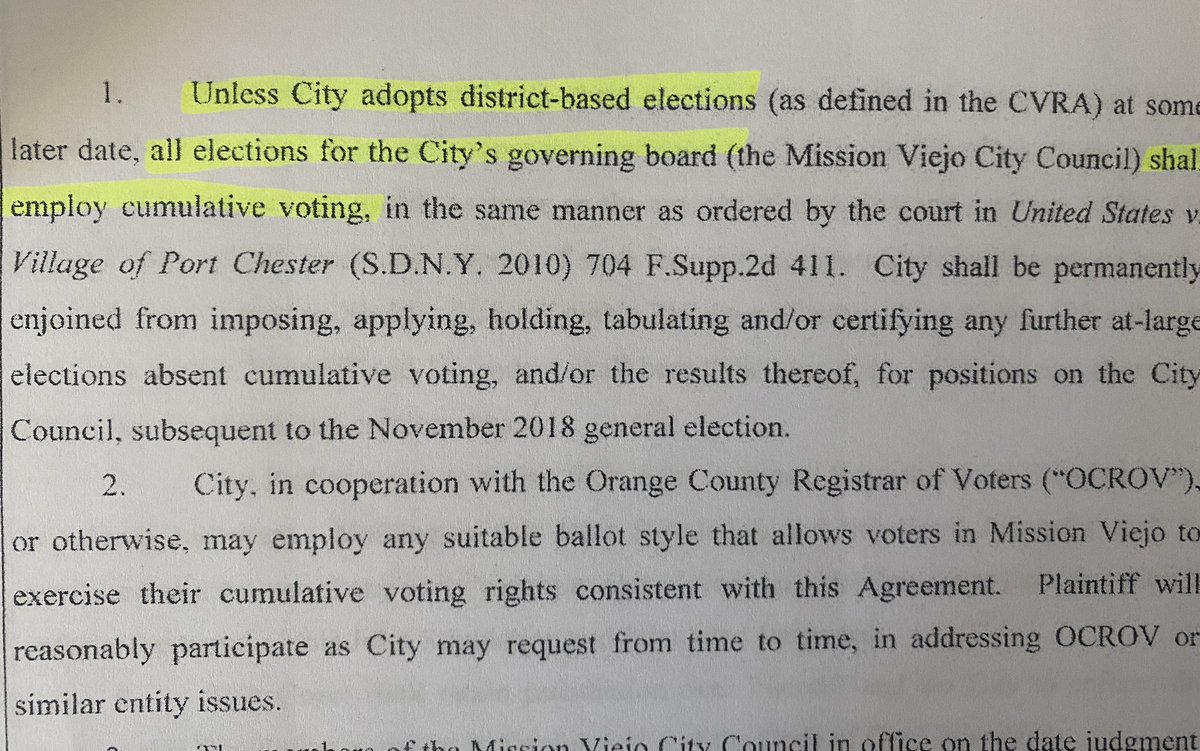 Southwest Voter Registration Education Project sued MV for being out of compliance. July 20, 2018 the two parties came to an agreement that MV “shall employ cumulative voting” starting Nov 2020. Additionally, the election in Nov 2018 would be changed to a 2 year term from 4 yrs.