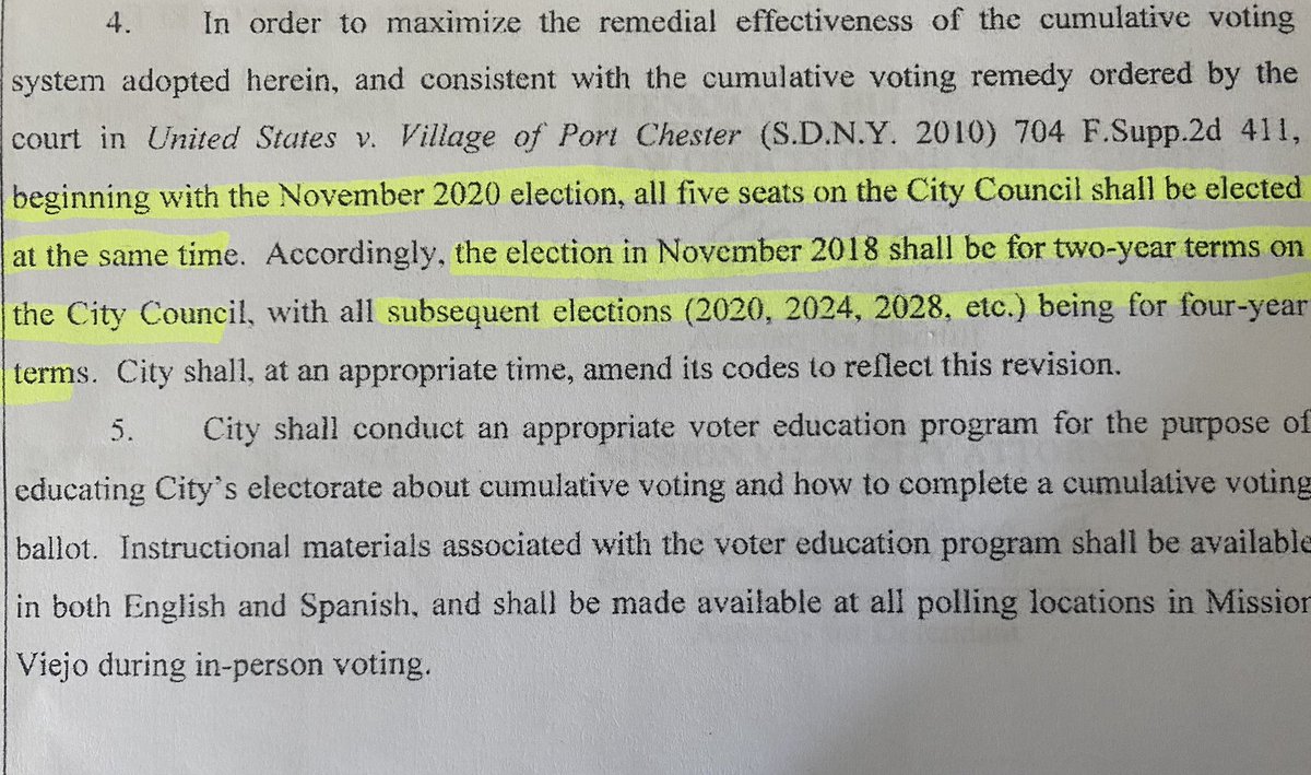 Southwest Voter Registration Education Project sued MV for being out of compliance. July 20, 2018 the two parties came to an agreement that MV “shall employ cumulative voting” starting Nov 2020. Additionally, the election in Nov 2018 would be changed to a 2 year term from 4 yrs.