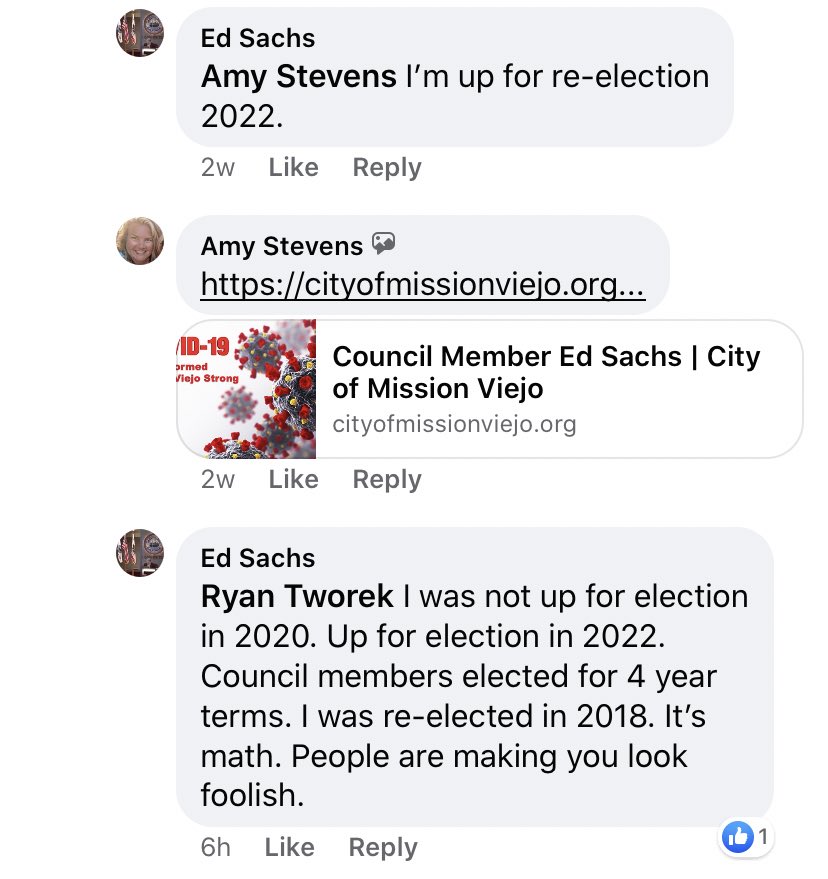 Video above (1st tweet) said a judge would decide. However, on 6/11 Ed Sachs told a resident that he was not up for election in Nov 2020 but instead Nov 2022. 12 days before the closed session item was announced at the mtg. He has since responded claiming 2018 was a 4 yr term.