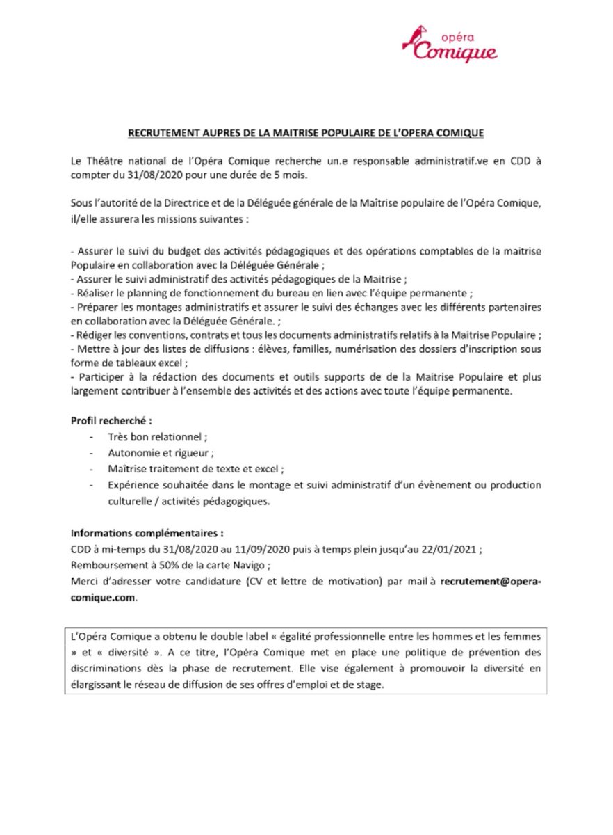 artyfolies's tweet photo. La Maitrise Populaire de l'@Opera_Comique recrute un.e Responsable administratif.tive 🧐 @Paris #recrutement #job #paris #culture #theatre #offre #emploi #opera #poste https://t.co/XevCbCpMkT