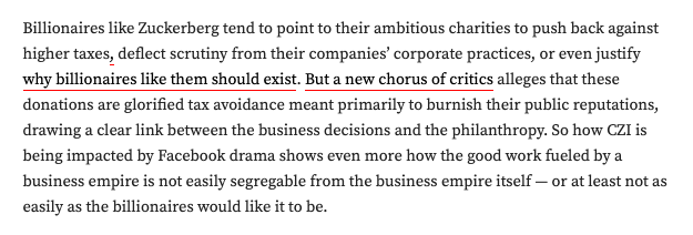 Here's the bigger picture:Billionaires like to point to their philanthropy to justify their net worths. They cast the charity work as independent from their corporate practices.But what the CZI story shows is that these are not so easily segregable. https://www.vox.com/recode/2020/6/26/21303664/mark-zuckerberg-facebook-chan-zuckerberg-initiative-philanthropy-tension