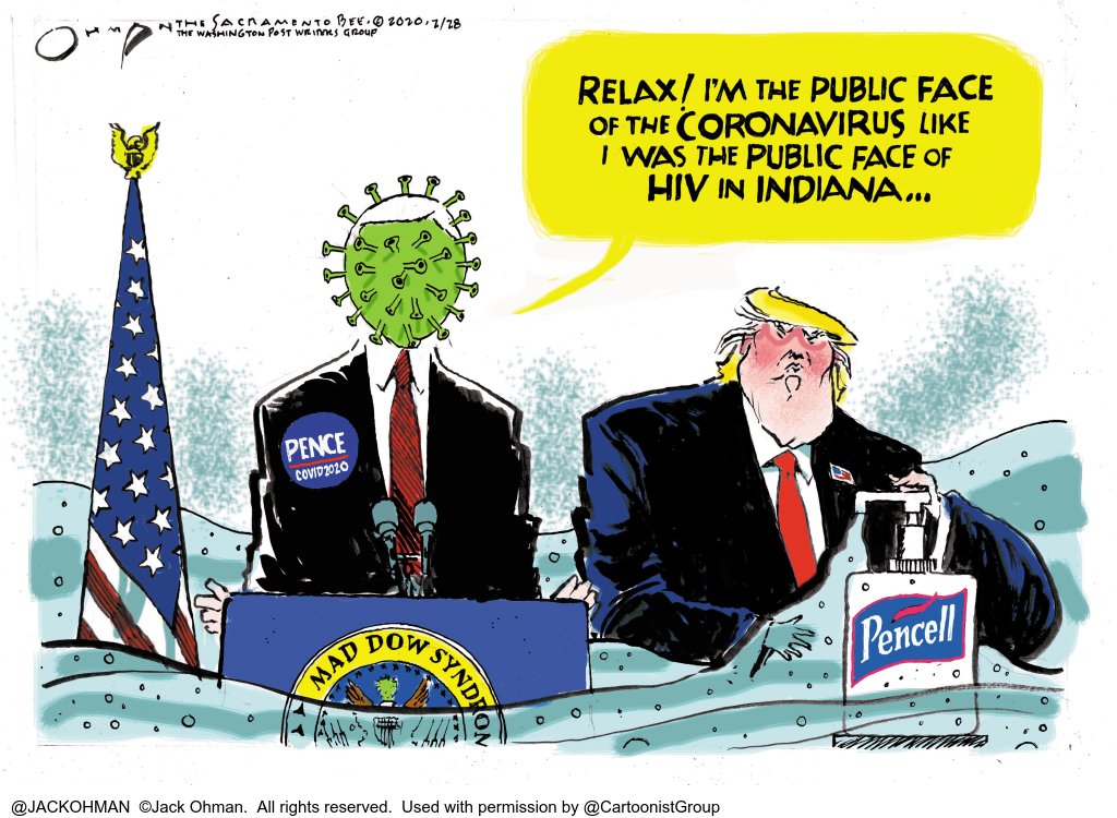 HealthCareToons's tweet photo. From #CoronaTaskForceBriefing ... Translating #TrumpSpeak &amp; #PenceSpeak:
#FlattentheCurve #ControltheSpread = Highest total of daily cases reported for #COVID19
#Covid19Deaths #COVIDDeaths #CoronaVirus
#DonaldTrump #VPPence

Cartoon from archive of @JACKOHMAN
RT @cartoonistgroup https://t.co/kRRG86RLgF