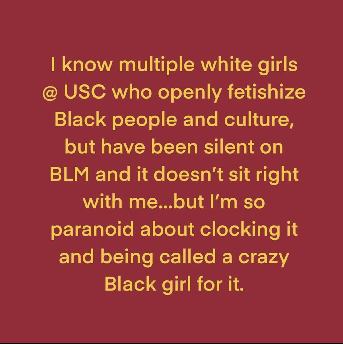 PLS RT: THREAD ON BEING BLACK AT USC! i’m gonna start from the ig page @/black_at_usc but i also want to ask that black USC students, professors, alumnae, faculty, or staff who feel comfortable share in my DMs some of their experiences at USC! i can repost anonymously (or not)