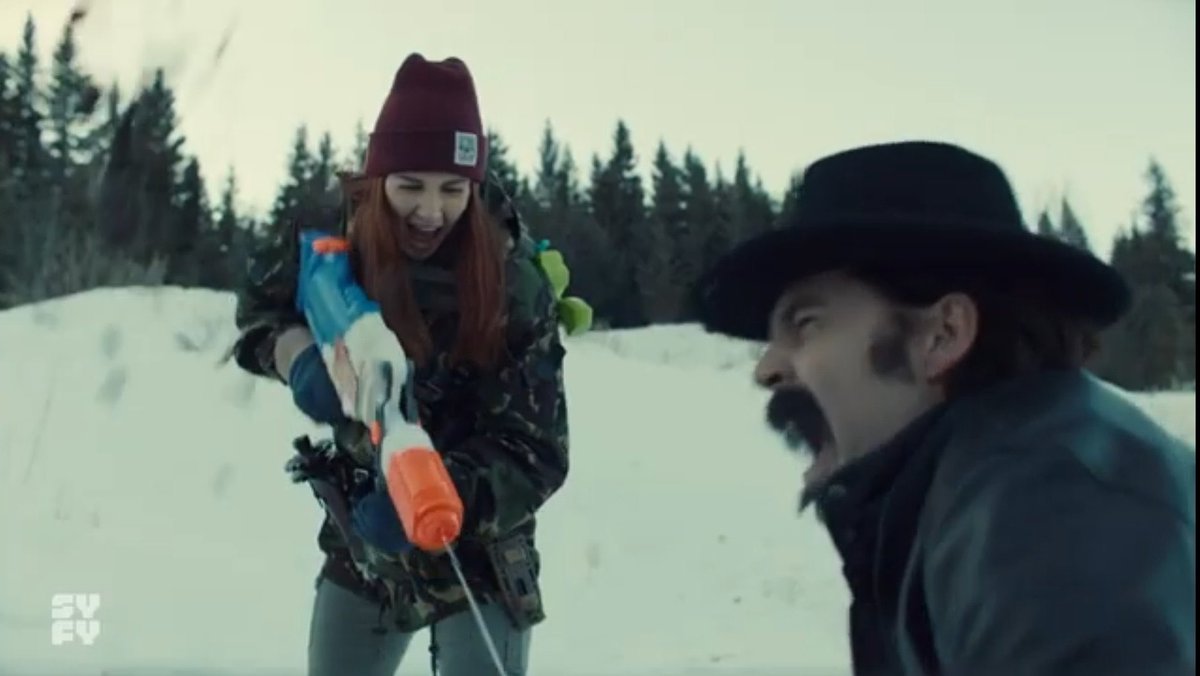 Is that a water gun Nicole Haught?!? WHY! And are you squirting it at Doc?!?  #WynonnaEarp