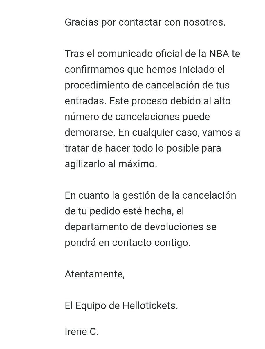 Arlandez's tweet photo. @Mr_Gonzofe @facua Yo los envié un correo cuando me enteré que la NBA había cancelado los partidos, y el 17 de junio me contestaron esto: https://t.co/fInWWKeG8R