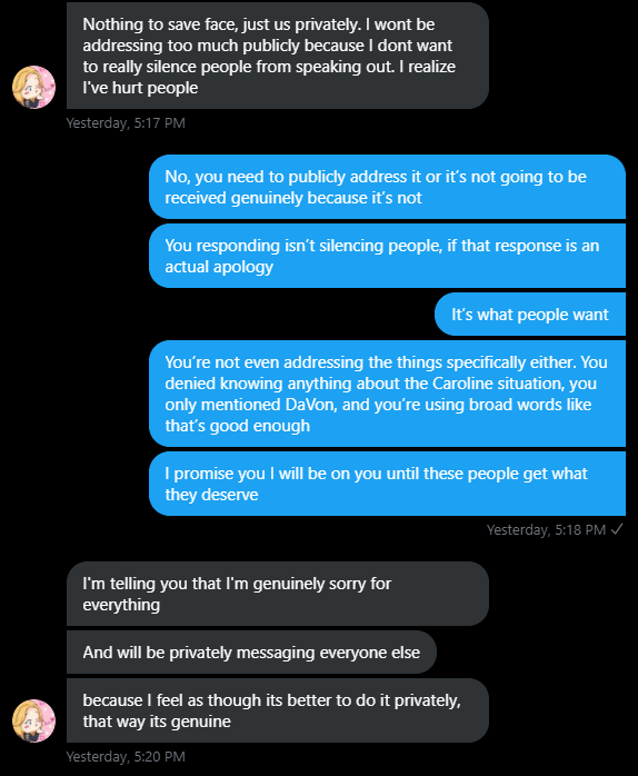 As for addressing things publicly, Felicity refused to multiple times. She felt as though the issues the other victims called her out for were caused in private and should be dealt with in private. She seemed to be picking and choosing how she would apologize.