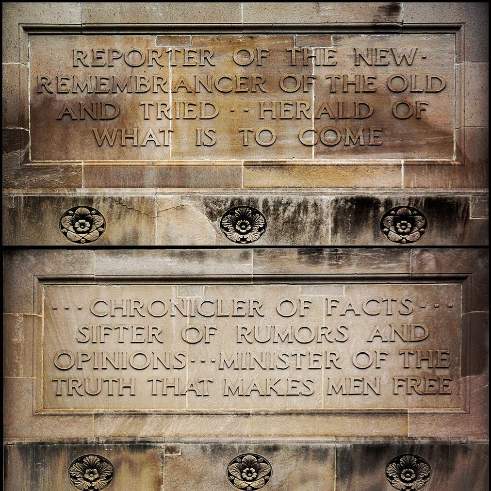 I& #39;ve had a few people ask about the journalism principles that I mentioned on air today. They were inscribed in stone in 1917 at the former Detroit News building, where I was a naive but eager intern. I& #39;ll start the thread with "remembrancer" — one of my favorites.