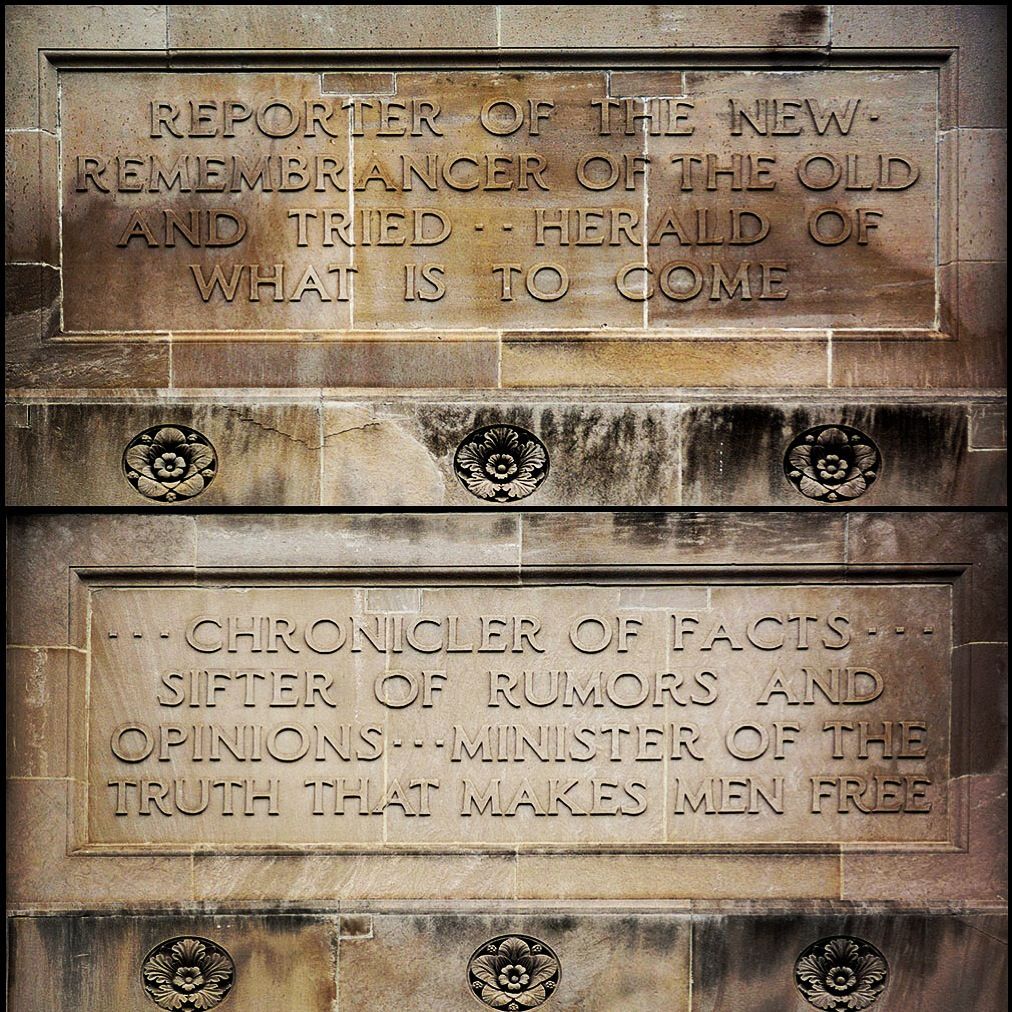 I've had a few people ask about the journalism principles that I mentioned on air today. They were inscribed in stone in 1917 at the former Detroit News building, where I was a naive but eager intern. I'll start the thread with "remembrancer" — one of my favorites.