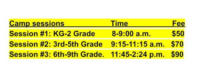 Girls Tennis Camp is next week so come join the fun.  You can sign your child up the first day of camp.
June 30- July 2