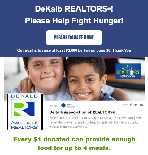 dekalbrealtors's tweet photo. #DynamicDeKalb is helping GA REALTORS Fight Hunger. This is the last day of this statewide campaign. PLEASE GIVE! Our efforts will help replenish the Atlanta Community Food Bank. CLICK the link or paste in your browser. https://t.co/mzZ0lqkrxn #GAREALTORSFightingHunger https://t.co/qq3RB7aRNv