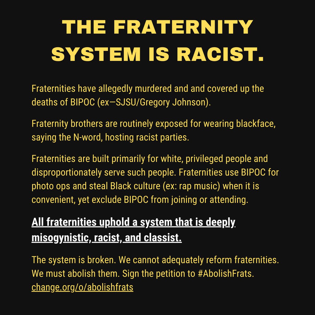 AbolishFrats's tweet photo. The fraternity system is racist, and all fraternities uphold this system. We must #AbolishFrats: https://t.co/WWnoUh7o9s https://t.co/iYbGITbEr9