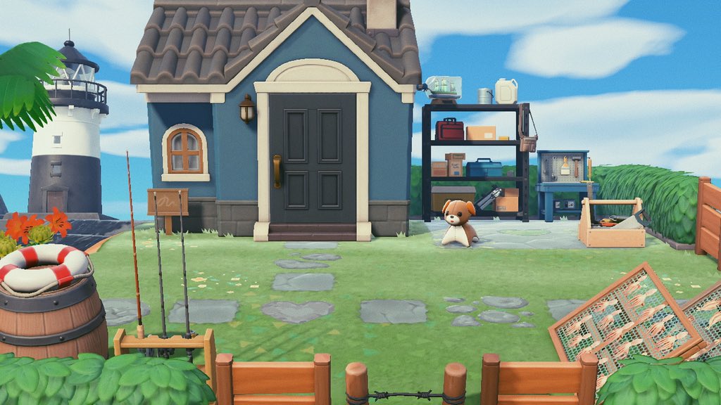 aloytae's tweet photo. wolfgangs yard!! he likes to fish and also take naps on the beach! #acnh #acnhinspo #acnhdesign https://t.co/jA0APdc53q