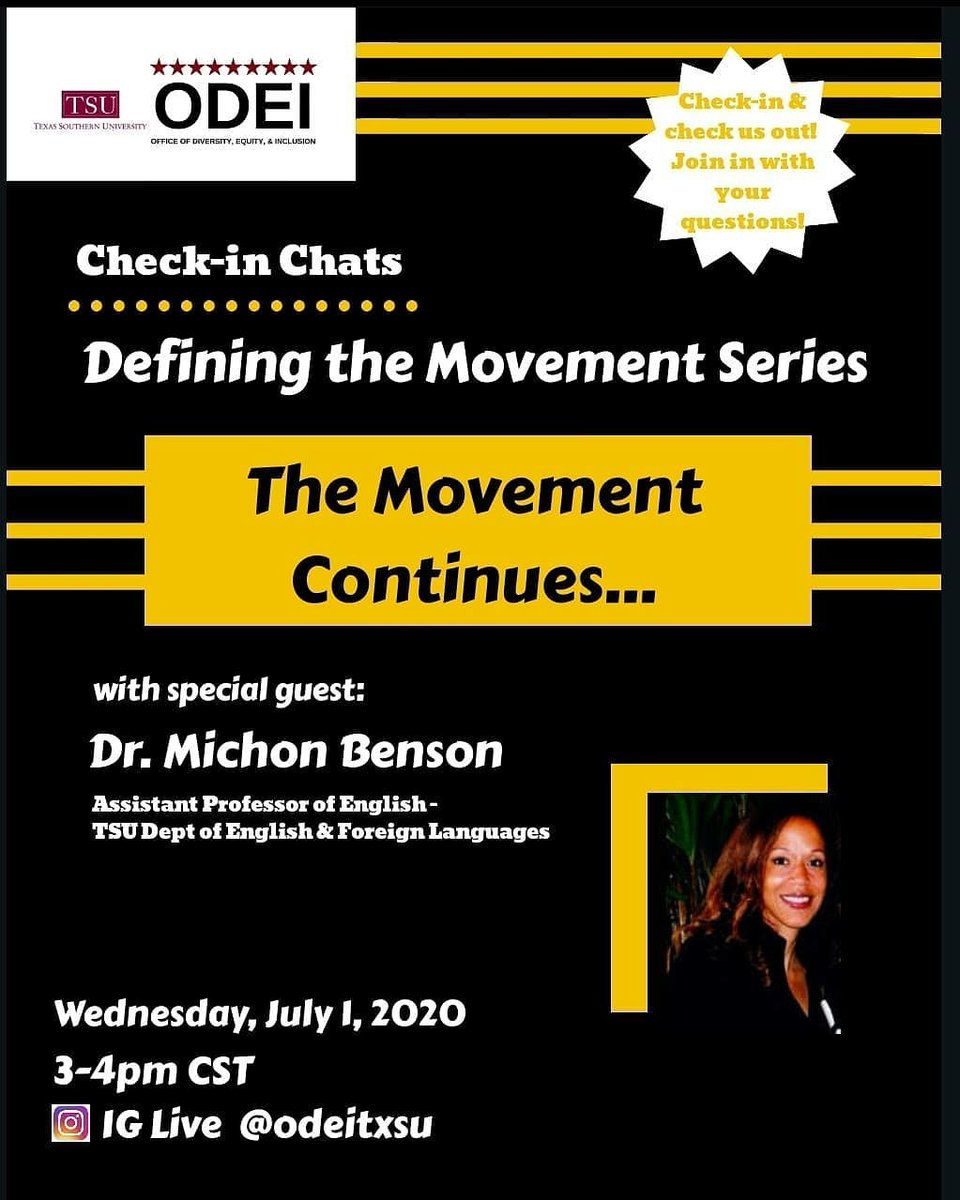 txsudossem's tweet photo. Dr. Benson is back yall!
Join us next Wed 7/1 at 3pm on IG Live!
We will discuss the continuing movement, how do we channel the national attn into our local issues, how will activism look in the fall, etc...
#TxSU #txsu22 #txsu21 #txsu20 #txsu24 #txsu23 #TSUStrong #myhbcu #blm https://t.co/98PsRRjNzi