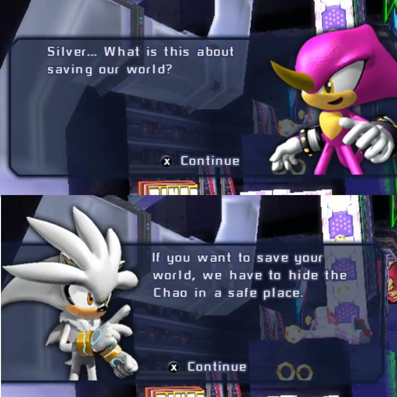 Now it's time to... Classic Sonic, in Forces Tails mentions that it comes from another dimension, which is not actually stated in the original jappi scripts, in fact it says, "another world"And remember Silver always refers to his future as ''my world''?Yes.(5/7)