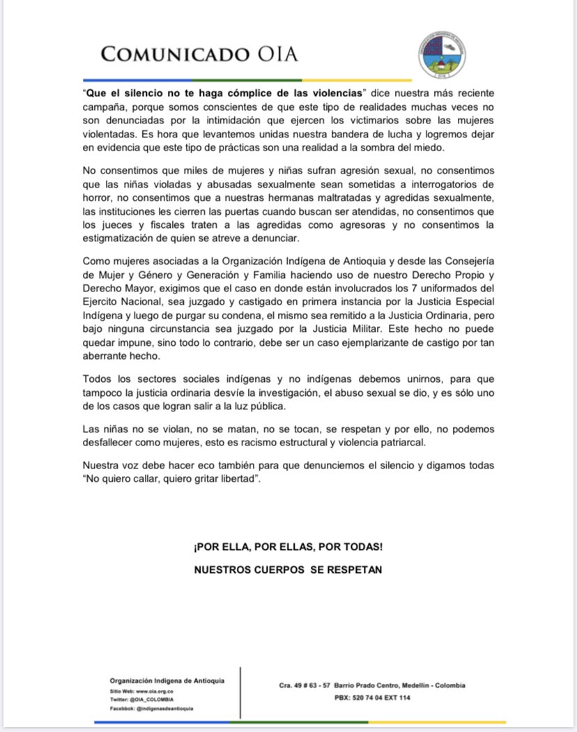 OIA_COLOMBIA's tweet photo. Nuestro Cuerpo, Nuestro Primer Territorio...
  en nuestros territorios.
Las mujeres indígenas de Antioquia, hoy con más necesidad juntamos nuestros pasos, nuestras voces, nuestra fuerza colectiva como mujeres lideresas, para defender nuestro TERRITORIO-CUERPO. https://t.co/IVdLHwlJYV