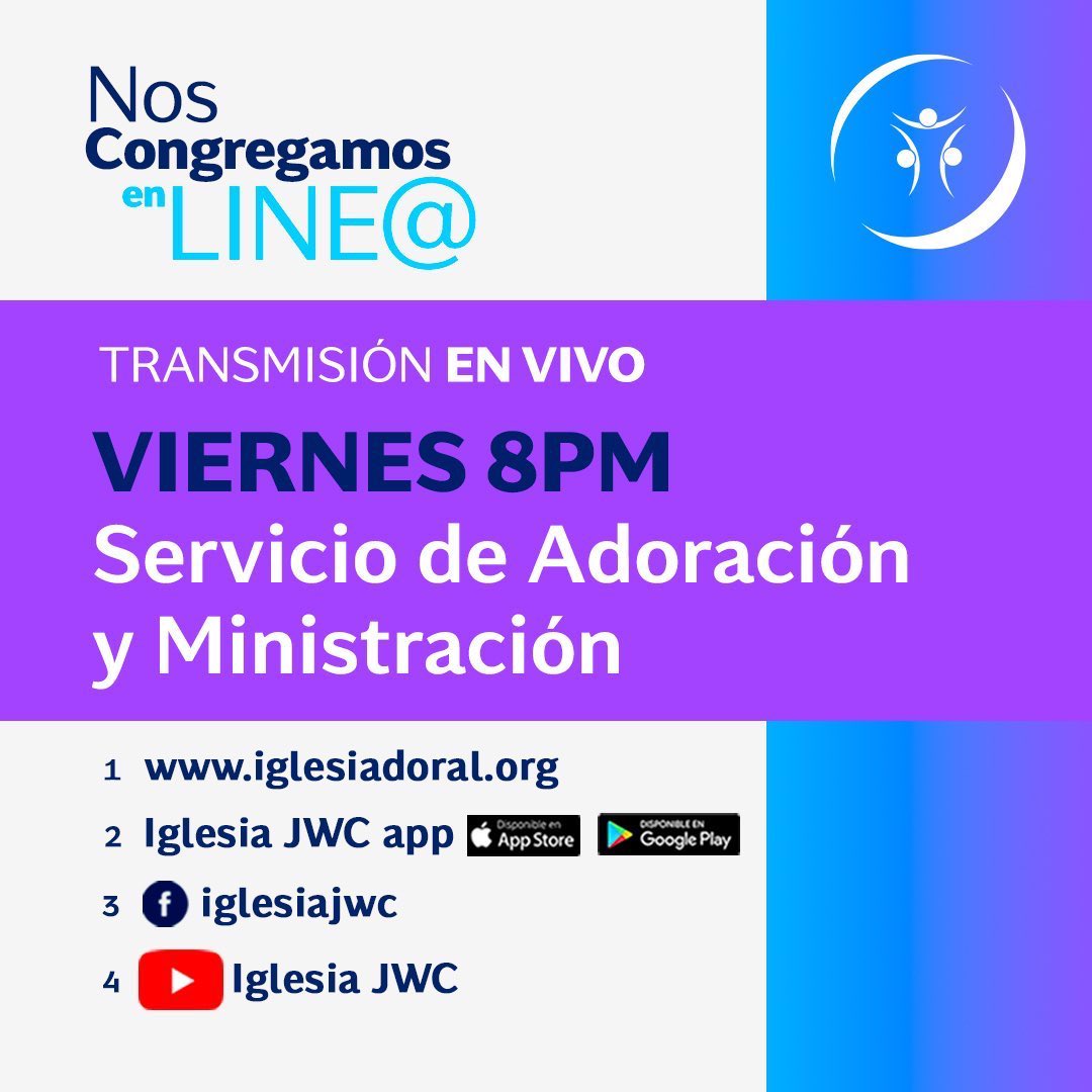 IglesiaJWC's tweet photo. 🔴 Hoy #Viernes a las 8 PM nos congregamos #EnLine 
‼️Dios te va a bendecir👉
#CONECTATE #COMPARTE 👇

Facebook: https://t.co/lV2xb55jA7

YouTube: https://t.co/7zTxHh5ipK

Página Web: https://t.co/HH6rX2vNkx

JWC Mobile App: Descárgala https://t.co/vQkToZy8U4