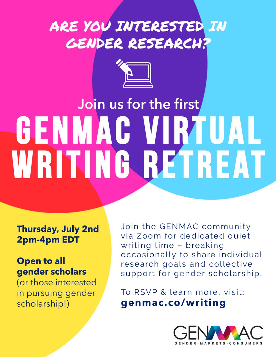 Are you interested in studying gender, markets & consumption?

Join us for the first *GENMAC Virtual Writing Retreat* -- a dedicated space for gender research and community building

For more info & to RSVP: genmac.co/writing/

#AcademicTwitter #PhDChat #MarketingAcad