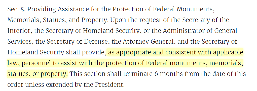 President Trump is also authorizing the use of personnel to help protect federal monuments, memorials, statues, or property upon request.