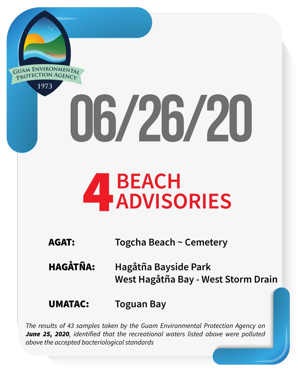 GuamEPA's tweet photo. June 26,2020- 4 Beach Advisories

Swimming, fishing or playing in unsafe waters may result in minor illness. Children, the elderly and people with weakened immune systems have a greater chance of getting sick when they come in contact with contaminated water. https://t.co/siGZ9YRkgl
