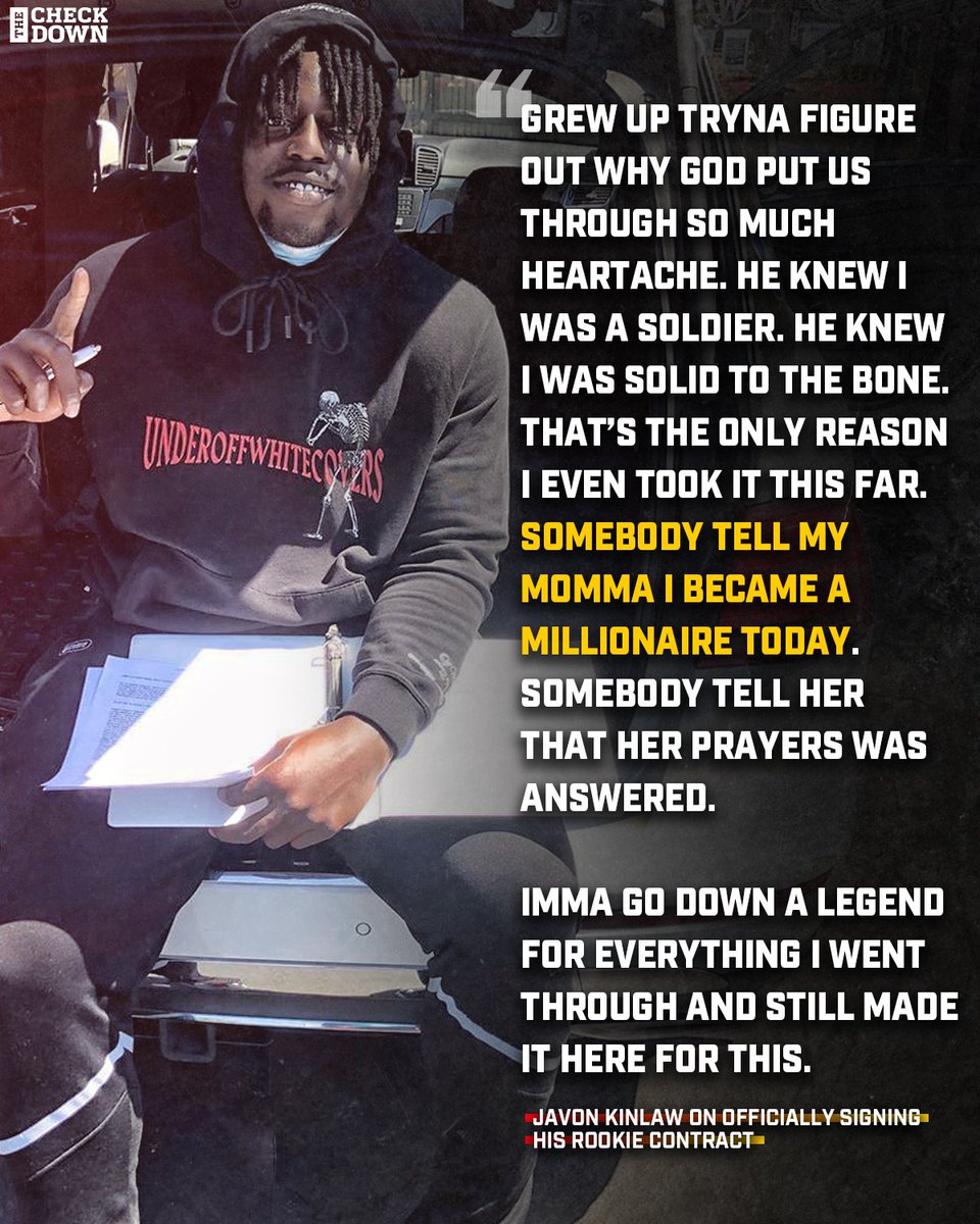 SharpFootball's tweet photo. 🗣️ "Momma he made it!!" 
• homeless growing up
• no electricity
• boiled water from neighbor's hose to bathe
• didn't eat his first 2 days at JUCO - didnt know the food was free

Earned a $15.5M deal w $8.7M signing bonus &amp; has big plans to give back to the homeless community https://t.co/aq9I00zNFx