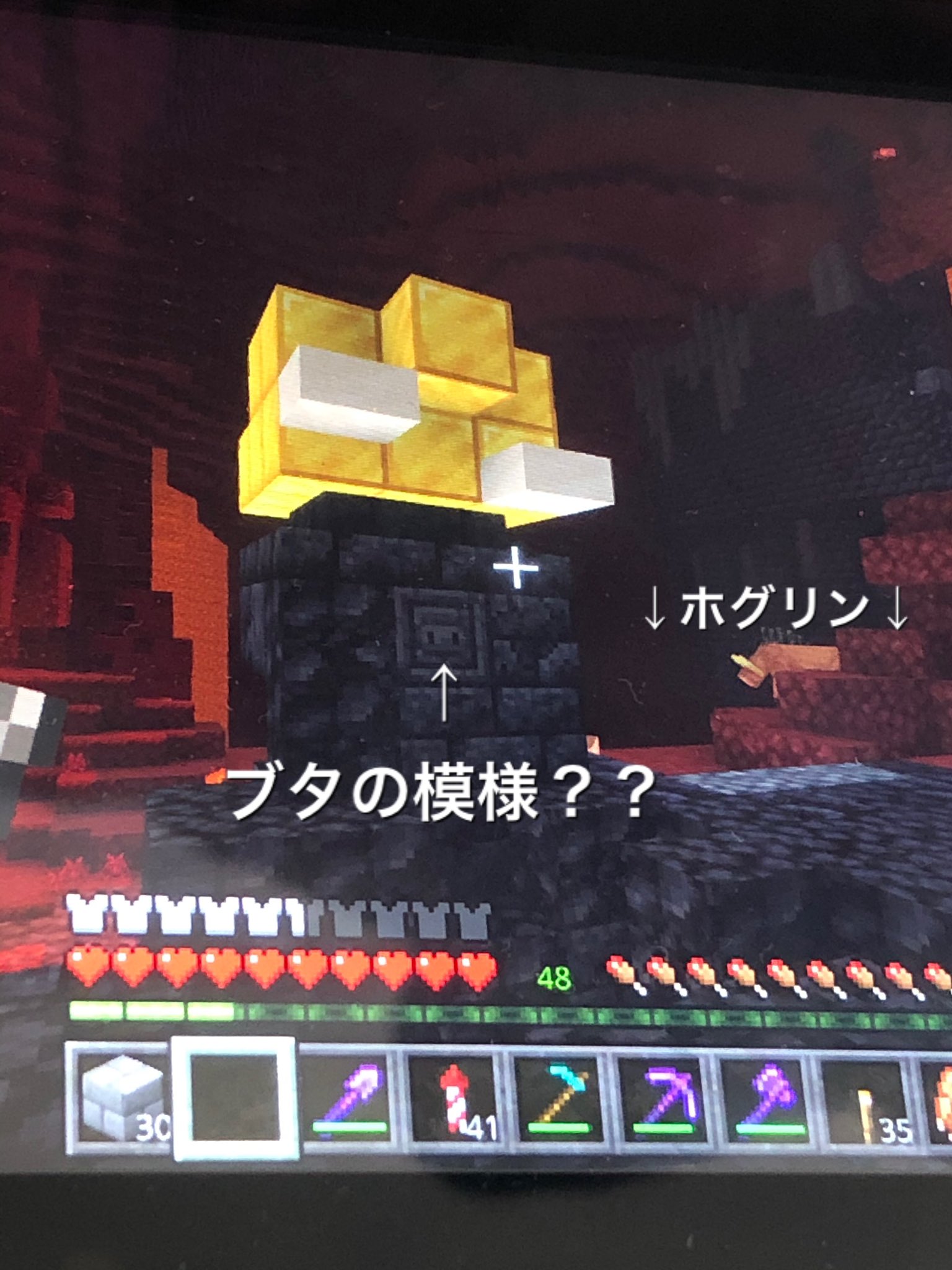 やよやよ 療養中 マイクラ ピグリンの要塞 金ブロックのオブジェがホグリン イノシシ に見える こぇー 怖ぇーよー 加工した黒石が豚の鼻に見えるね T Co Kllvglas63 Twitter