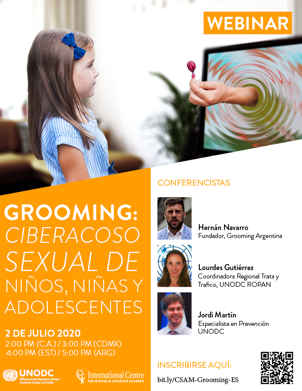 ICMEC_official's tweet photo. Qué es grooming?  ICMEC y @UNODC te invitan a unirse a nuestro próximo Webinar en español –Grooming: Ciberacoso sexual de niños, niñas y adolescentes.  #NoChildStandsAlone @HernanGNavarro @Jordi_MartinD

Regístrate aquí: https://t.co/hBbJ9uLQq3 https://t.co/6TWLuOFtXg