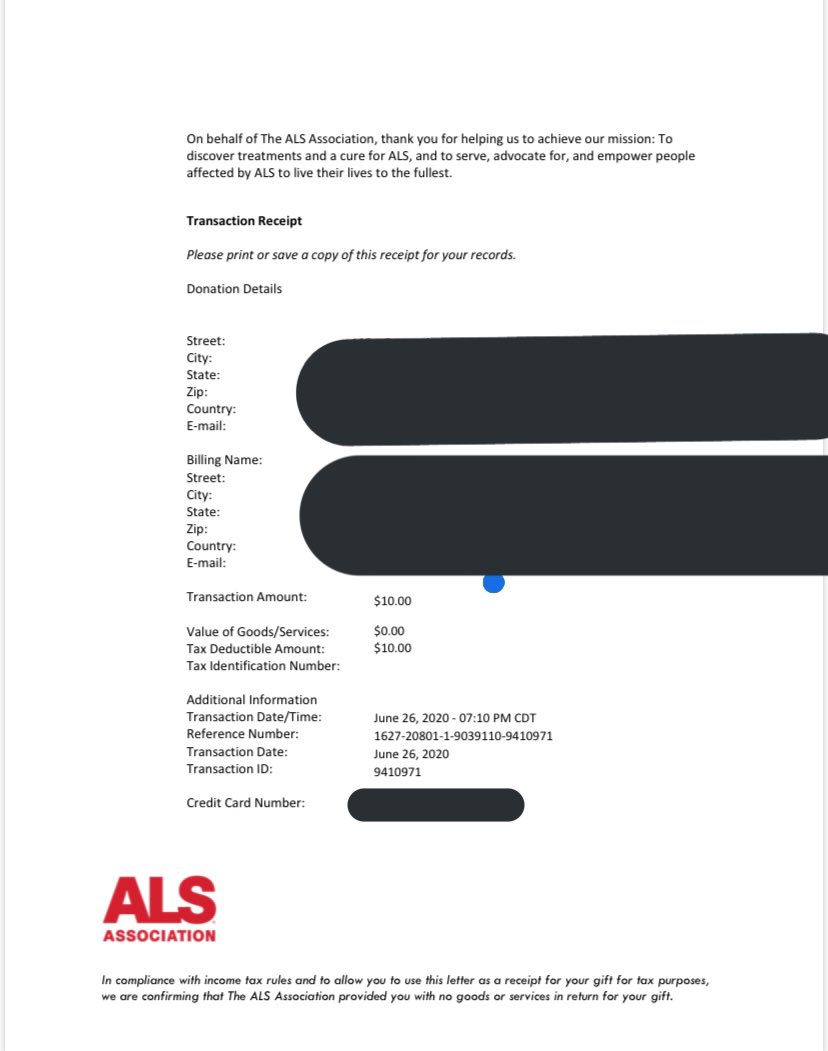 But that was the DC chapter, and Capital City was working with the Greater Philly chapter of the ALS Association, so maybe they’re different.So here’s the redacted receipt for a donation to the Greater Philly ALS Association I literally just made.