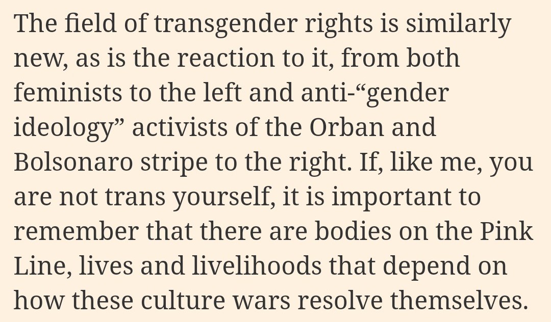 "If, like me, you are not trans yourself, it is important to remember that there are bodies on the Pink Line, lives and livelihoods that depend on how these culture wars resolve themselves."