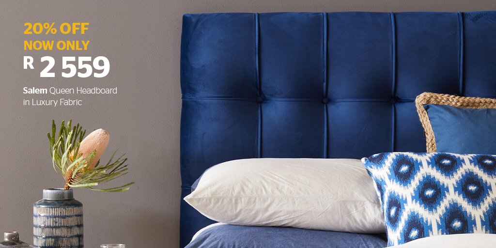 20% OFF locally-made headboards &amp; beds.
Handmade and upholstered right here in South Africa, the Salem headboard is now available at 20% OFF! Shop online &amp; in-store today:bit.ly/3i3jgKe
T's &amp; C's apply. Offer valid until 8 July 2020 or while stocks last