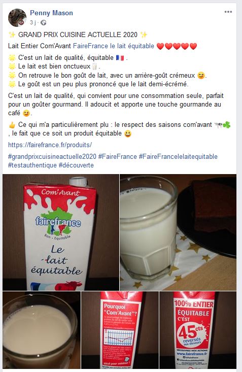 Fairefrance's tweet photo. Bonjour à tous, des nouvelles de notre participation au grand prix @cuisineactuelle 2020 avec notre #LaitEntier Com'Avant, visiblement on dirait que notre #LaitEquitable plait toujours autant! Nous sommes très heureux et fiers que ça soit le cas ! 😍📸🥛👍 https://t.co/94J9e4foo2
