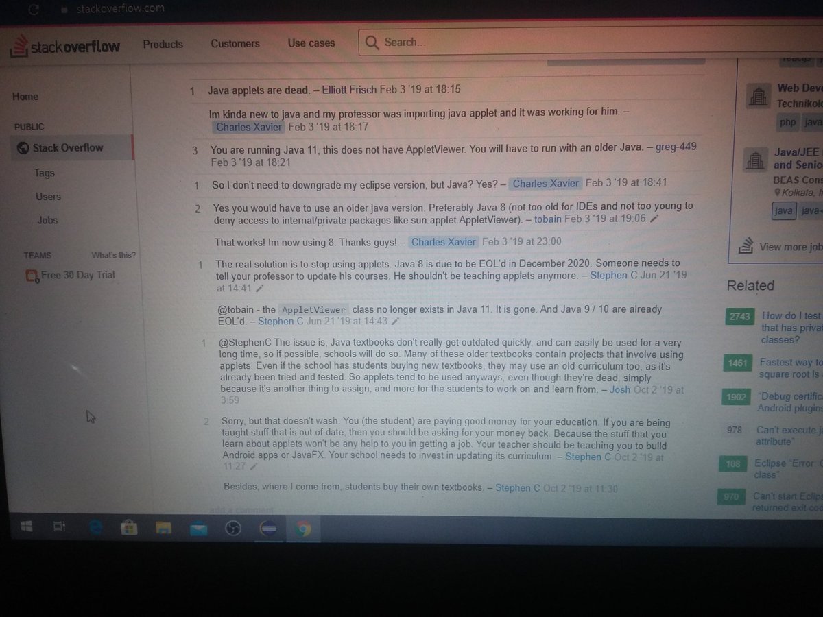 razrexe's tweet image. So recently we were taught @java applet program, and I was excited to use it, so I coded a small code in eclipse to use applets, then an error occurred: "could not find or load main class sun.applet.AppletViewer"
#Java13 doesn't support applet
So why are we learning this anyway?
