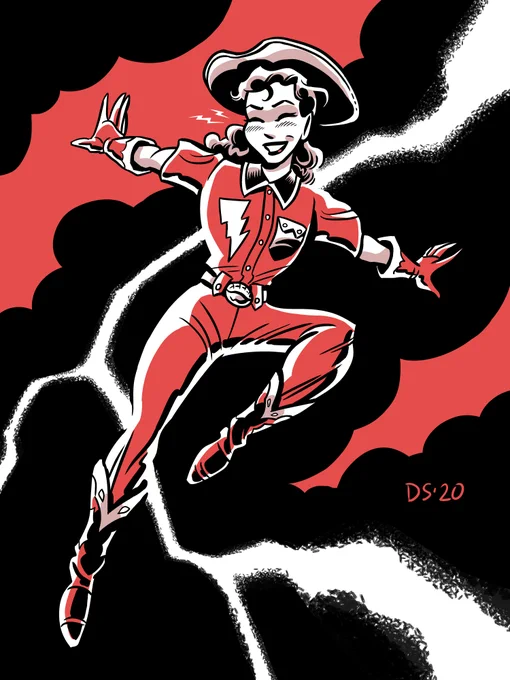 Mary Marvel, in these kicky cowgirl threads from the cover of her final issue. Drew this to get my momentum back after my computer crashed during tonight's @HelioscopePDX zoom chat, taking a good chunk of Lavender Jack pencils with it. Oof! That's okay, though. Builds character. 