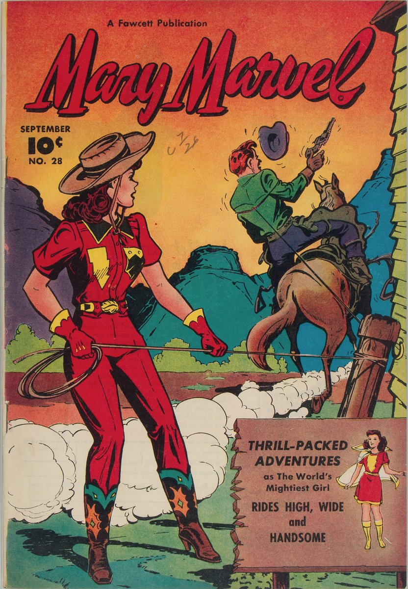 Mary Marvel, in these kicky cowgirl threads from the cover of her final issue. Drew this to get my momentum back after my computer crashed during tonight's @HelioscopePDX zoom chat, taking a good chunk of Lavender Jack pencils with it. Oof! That's okay, though. Builds character.
