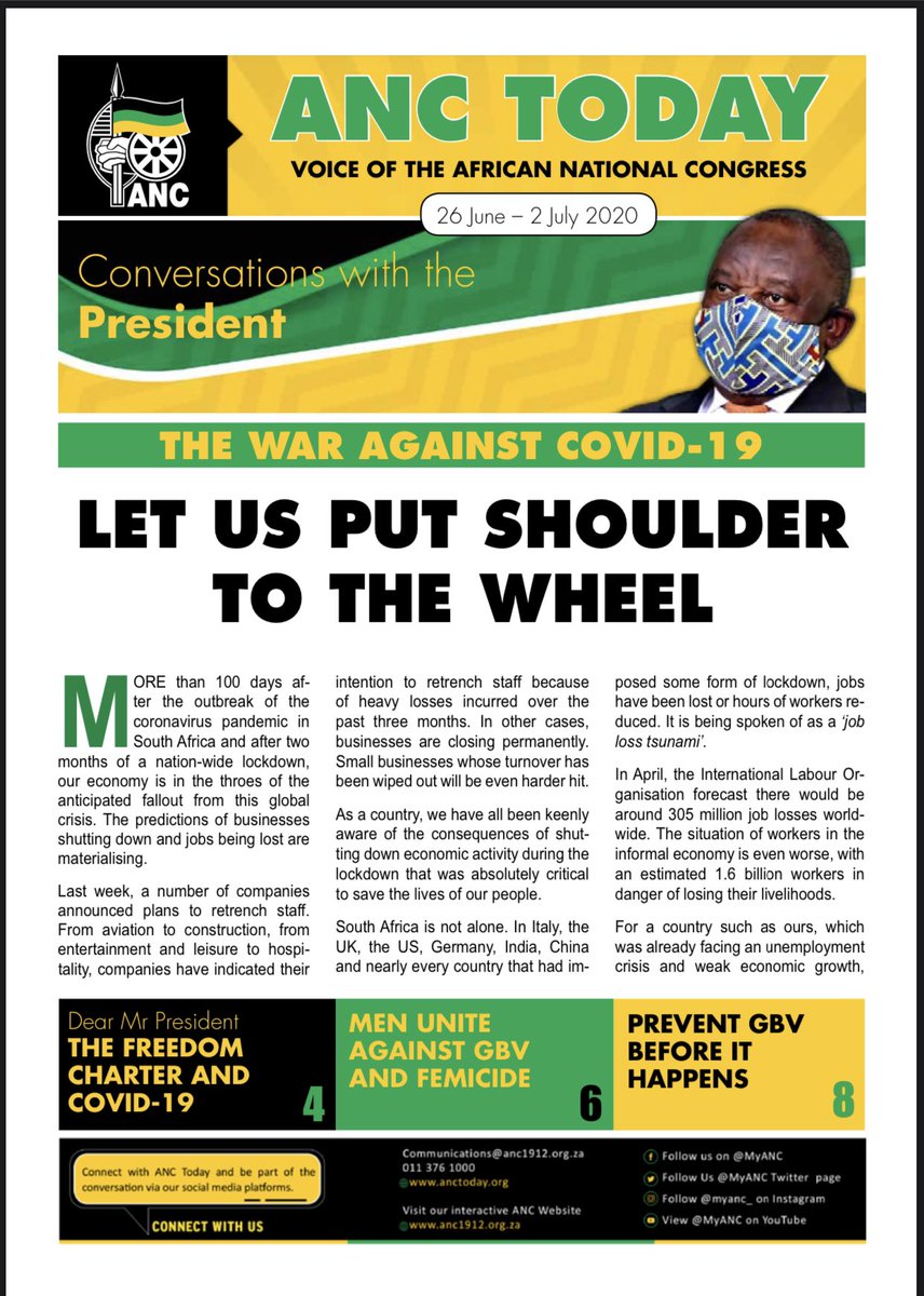 MYANC's tweet photo. ANC TODAY
Voice of the African National Congress
26 June -2 July 2020
#YouthMonth #FreedomCharter65
#COVID_19 #CoronavirusInSA and please #StayAtHome #ProtectYourself #DefendEachother #LetsDoItTogether #FlattenTheCurve https://t.co/IIBlgwSZdh