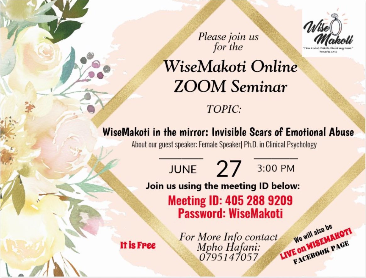 WiseMakoti's tweet photo. Good morning WiseMakoti! Please don’t forget about our appointment at 3pm today. Come and learn about emotional abuse. This is eye opening topic. It will help you with all your other relationships with your families and friends. I can’t wait 💃💃💃💃 https://t.co/KAxmS9Nivx