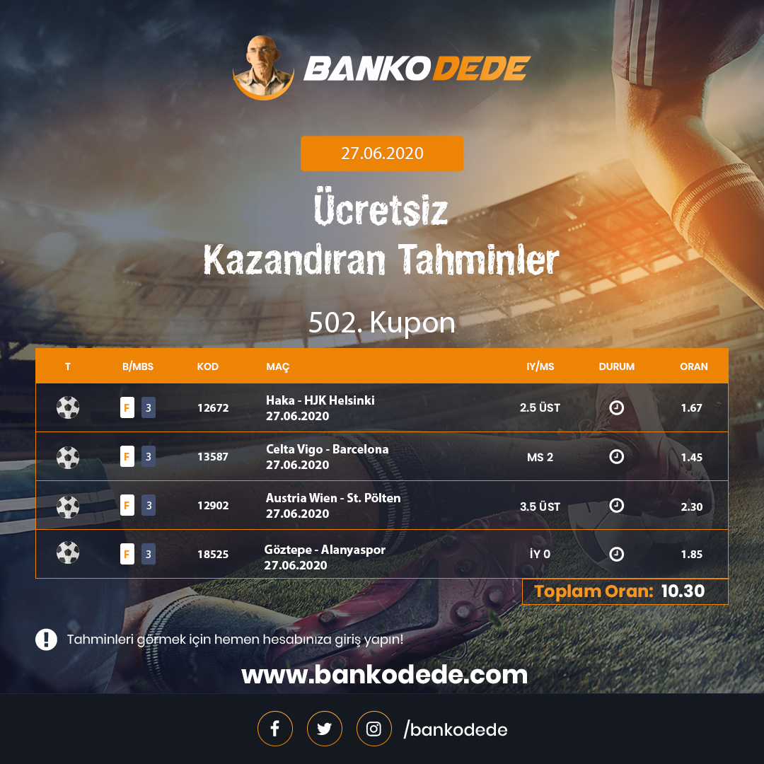 Cumartesi yüksek oranlı kazandıran kuponlar #BankoDede'de.
bankodede.com 
#iddaatahmin #bankokupon #bahis #bankotahmin #iddaatahminleri #iddaa #İddaaKuponu