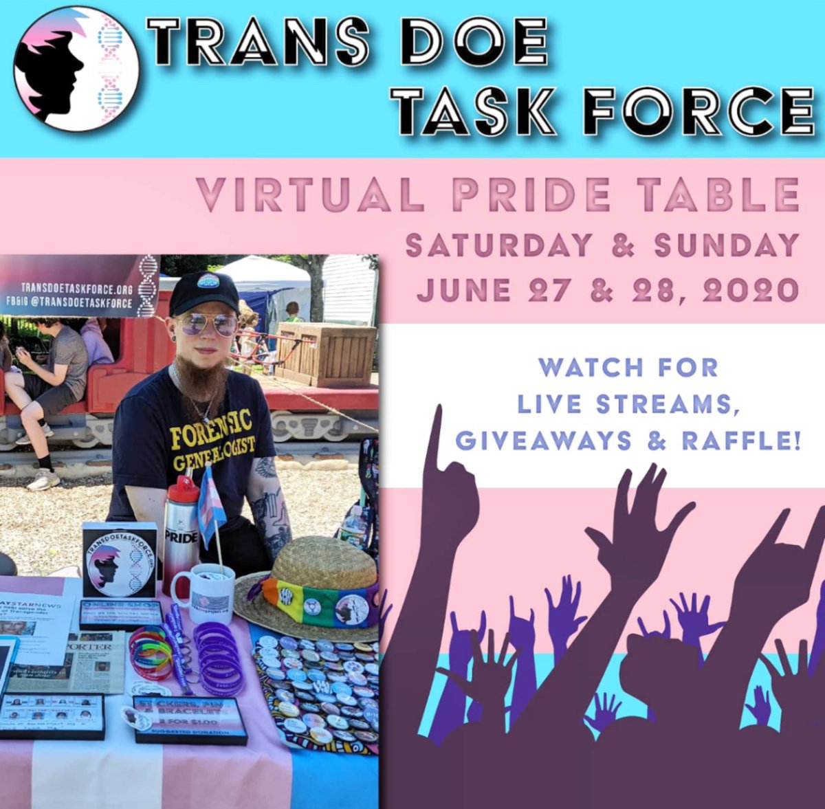 transdoeforce's tweet photo. The #TransDoeTaskForce is hosting a #virtualpride event all weekend! Watch our IG & FB for live streams, giveaways & raffle. We will have Q&A with forensic genealogists, student volunteer guests, and exciting announcements. #WontBeErased #Pride2020 https://t.co/HFHYZLijHt