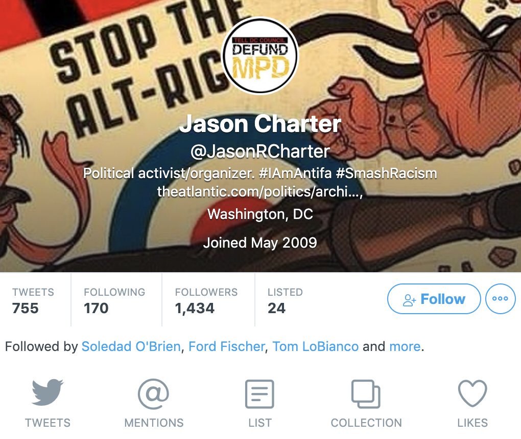 Here is the profile of the lead agitator 'Jason R Charter' who is on video violently assaulting police and  @JackPosobiec.Mr. Charter has multiple tweets claiming responsibility for the assault.Are Antifa criminals held accountable?We will see...