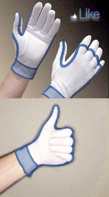 The facebook "like" symbol printed onto a pair of gloves, so when you make a thumbs up gesture it looks like the symbol.
