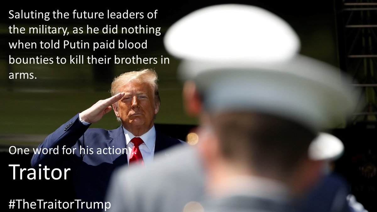 julesbcarney's tweet photo. @MarkHertling Standing in front of the future leaders of our military at #WestPoint while knowing #Putin paid blood bounties for killing their brothers in arms.. Limping down the ramp was not the real story here.  #TheTraitorTrump https://t.co/blCMmI80W8