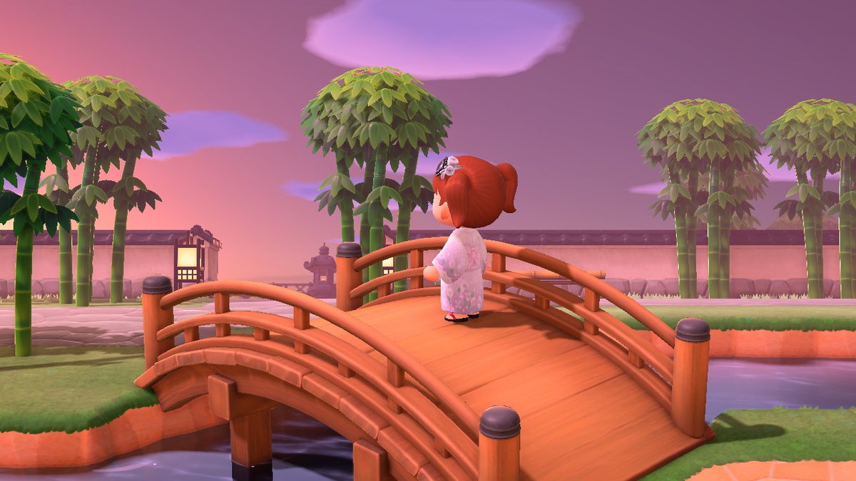 ゆうりつ 和風エリア Part1 入口部分の竹林や斜め橋です 日本庭園 温泉街 絶景露天風呂と続きます 夕焼けがいい感じ どうぶつの森 Animalcrossing Acnh あつまれどうぶつの森 あつ森 島クリエイター 島クリ 島紹介 T Co Qamdnd0apz