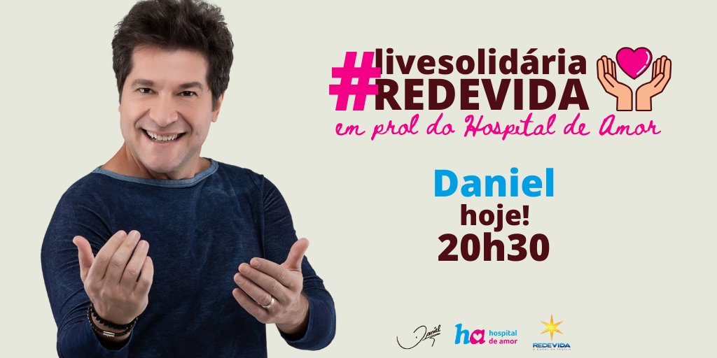 REDEVIDA's tweet photo. Hoje tem #LiveSolidariaREDEVIDA!

Vamos cantar e nos emocionar em uma noite especial com @cantordaniel, em prol do @hospitaldeamor. 

Assista pela TV ou Youtube! 

▶ https://t.co/18KKeSgara
▶ https://t.co/jsDwHfbHzq https://t.co/mTAPWGtf2p